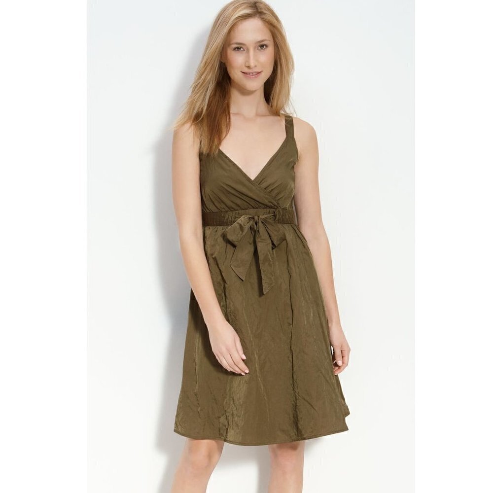 Eileen Fisher Olive Green Metallic Wrap Dress 6